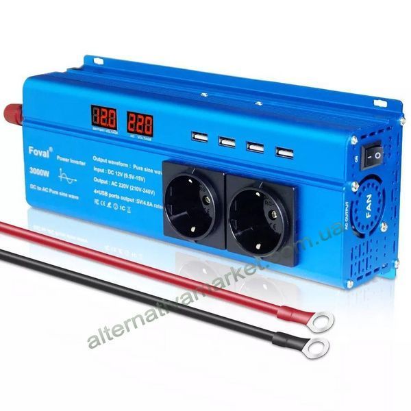 Инвертор 12V-220 "FOVAL 3000W", преобразователь напряжения 12V-220V (Чистая Синусоида, 3000Вт)