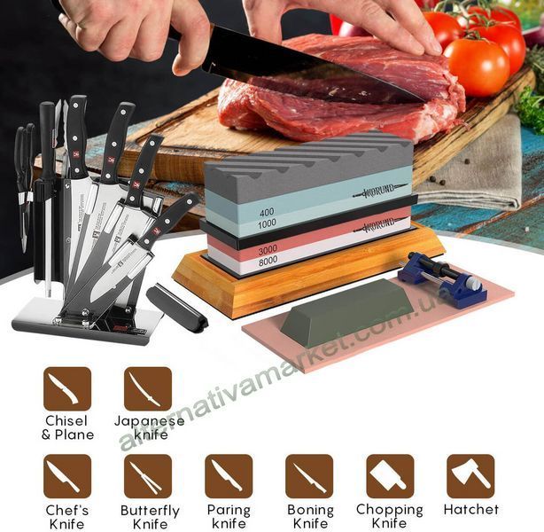 Профессиональный комплект КОРУНД PROFI-9 для заточки ножей с бамбуковым основанием (9 предметов)