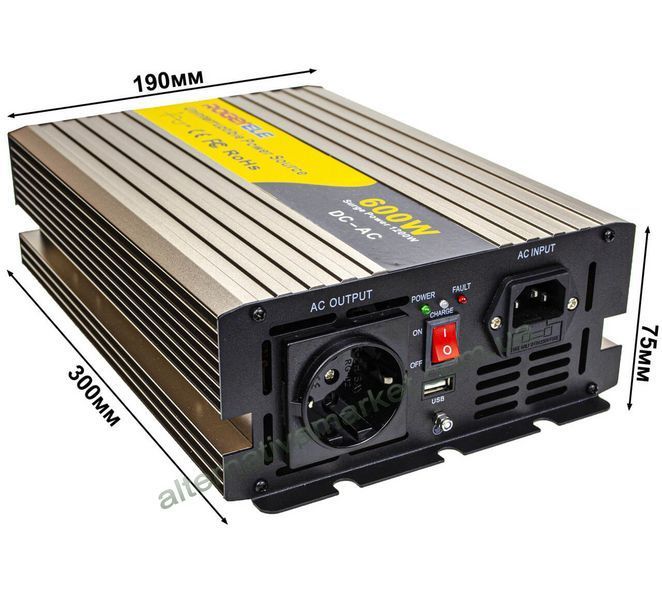 Інвертор 12V-220 "ROGER 1200W" із зарядним пристроєм (функція UPS, Чиста синусоїда, 1200Вт)