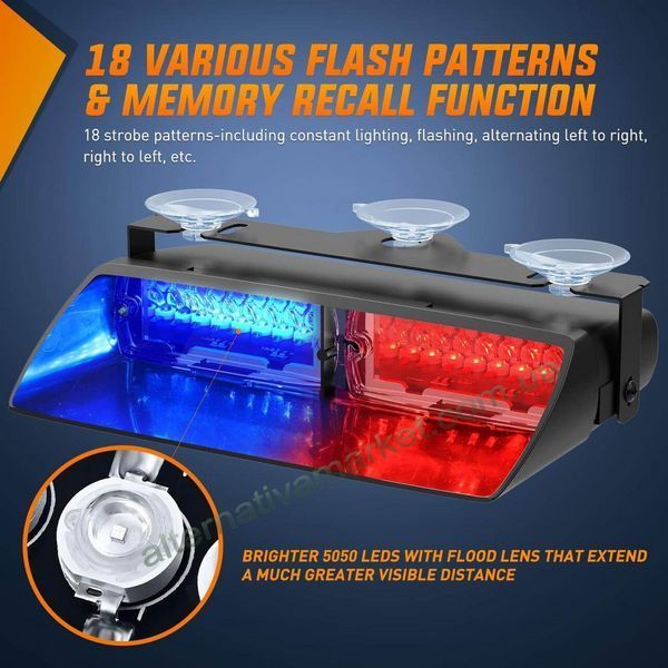 Стробоскоп на лобове скло WINDOW STROBE 16LED червоно-синій 12V, 16 режимів, 48 Вт