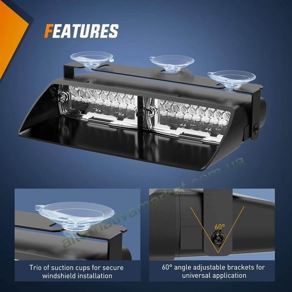 Стробоскоп на лобове скло WINDOW STROBE 16LED червоно-синій 12V, 16 режимів, 48 Вт