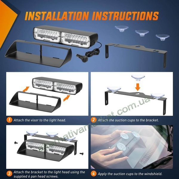 Стробоскоп на лобове скло WINDOW STROBE 16LED червоно-синій 12V, 16 режимів, 48 Вт