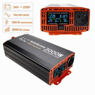 Інвертор 24 220 вольт "Pure sine wave 3000W", перетворювач напруги з 24 на 220 (Чиста синусоїда, 3000/1500Вт)