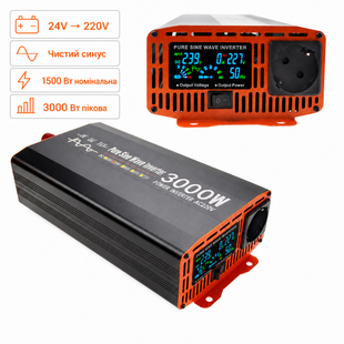 Інвертор 24 220 вольт "Pure sine wave 3000W", перетворювач напруги з 24 на 220 (Чиста синусоїда, 3000/1500Вт)