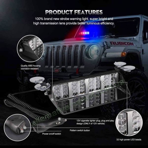 Стробоскоп Flashing KING-S32 на лобове скло 12/24V, червоно-синій, 32 LED