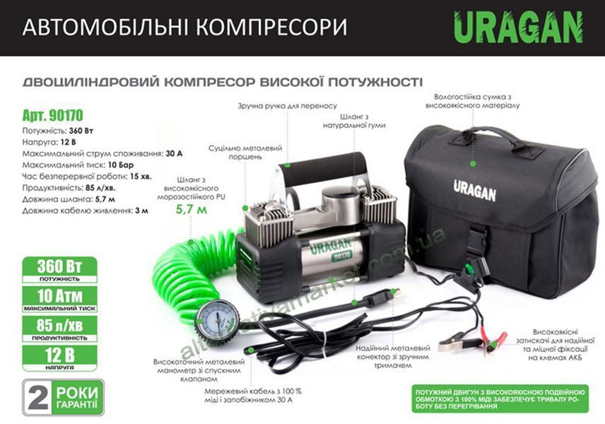 Автомобильный компрессор Uragan 90170 двухпоршневой 85 л/мин
