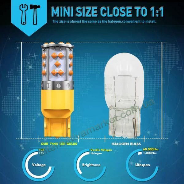 Лампа для поворотів 7440-35LED YEL 30W (Дуже яскрава, CAN-BUS, цоколь T20 7440 W21W, 12V-24V)
