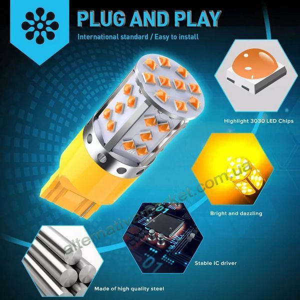Лампа для поворотів 7440-35LED YEL 30W (Дуже яскрава, CAN-BUS, цоколь T20 7440 W21W, 12V-24V)